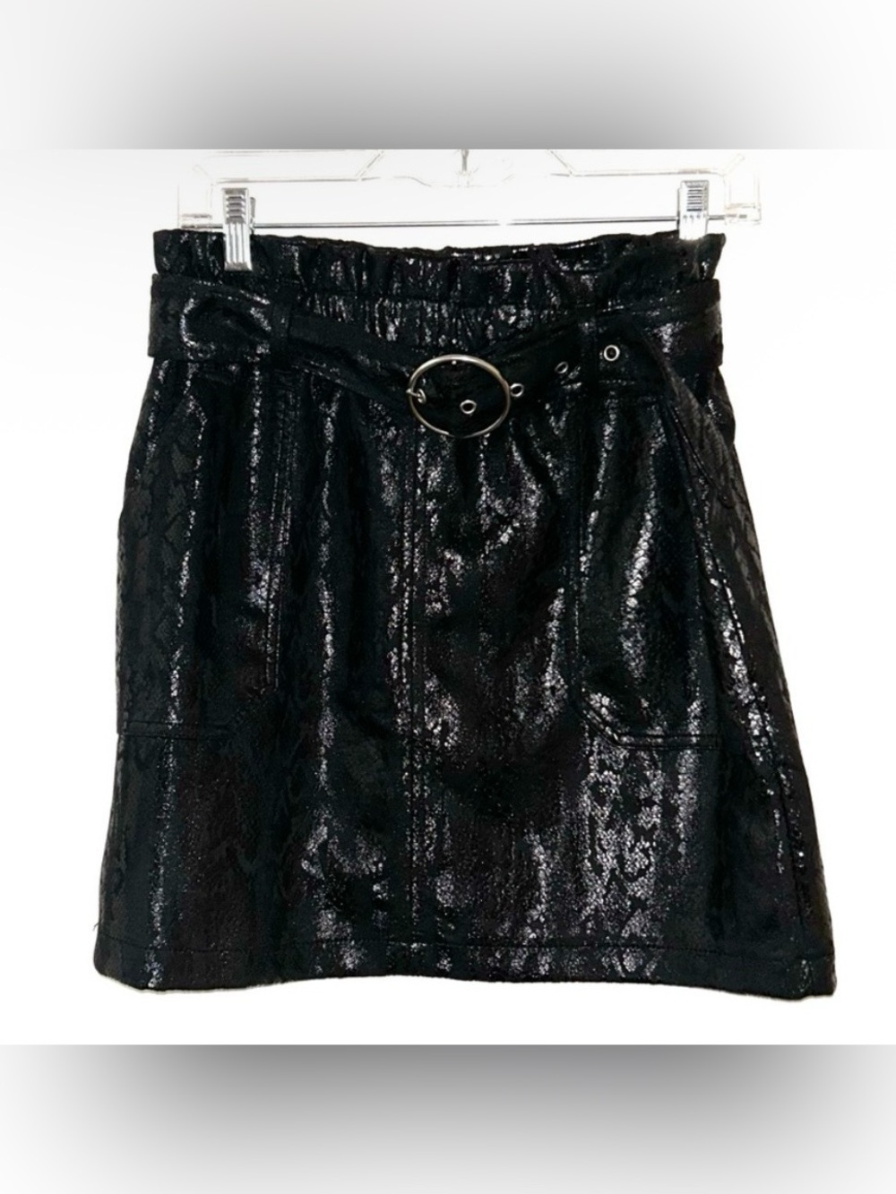 Black Shimmery Faux Leather Belted Mini Skirt